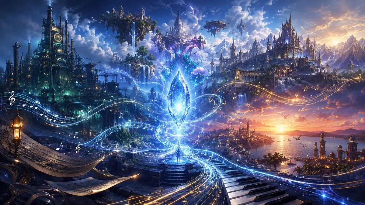 Paysage fantasy représentant les meilleures bandes originales de Final Fantasy avec des notes de musique et des cristaux