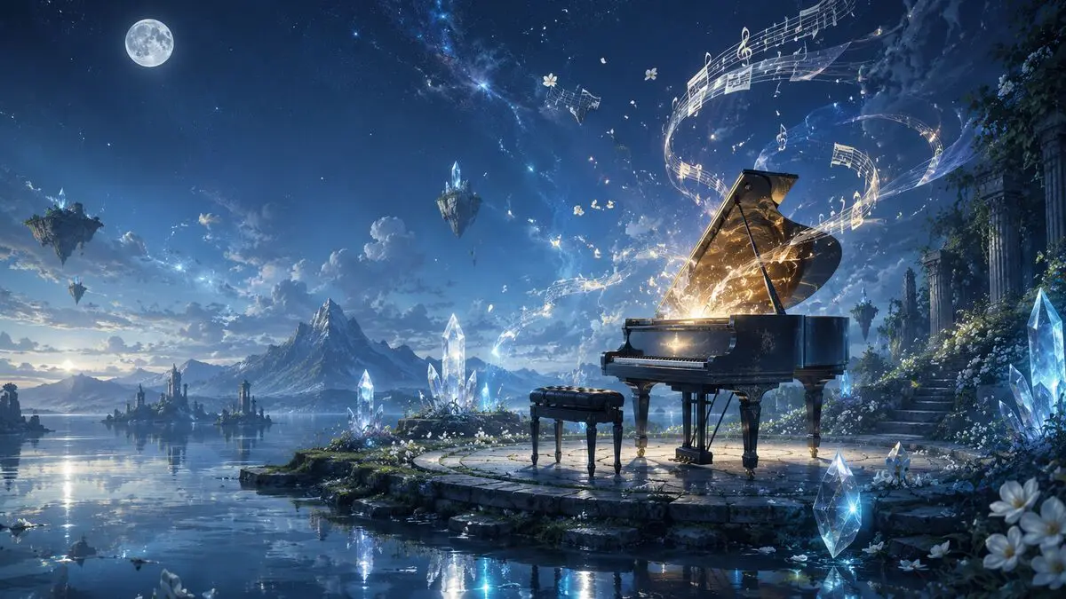 Grand piano dans un paysage fantasy magique avec des notes de musique lumineuses représentant Final Fantasy Piano Collections