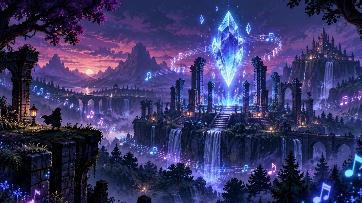 Scène fantasy en pixel art HD-2D avec héros et cristaux lumineux représentant l'univers de Final Fantasy Resonance