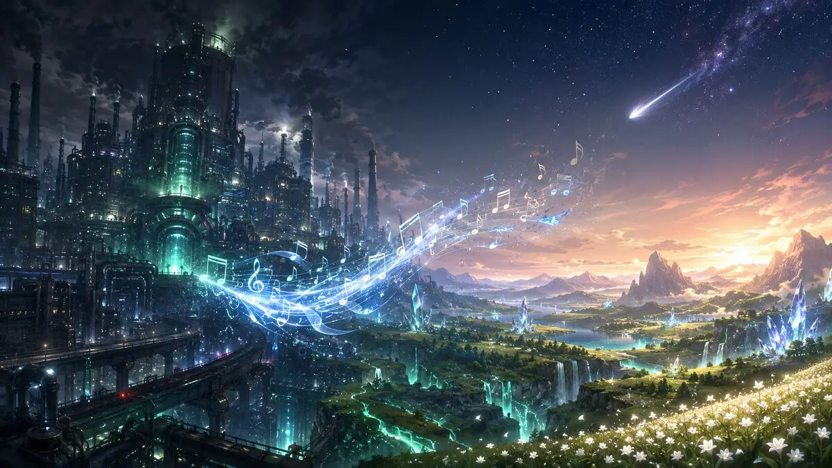 Cité industrielle fantasy et énergie musicale lumineuse représentant le monde émotionnel de Final Fantasy VII