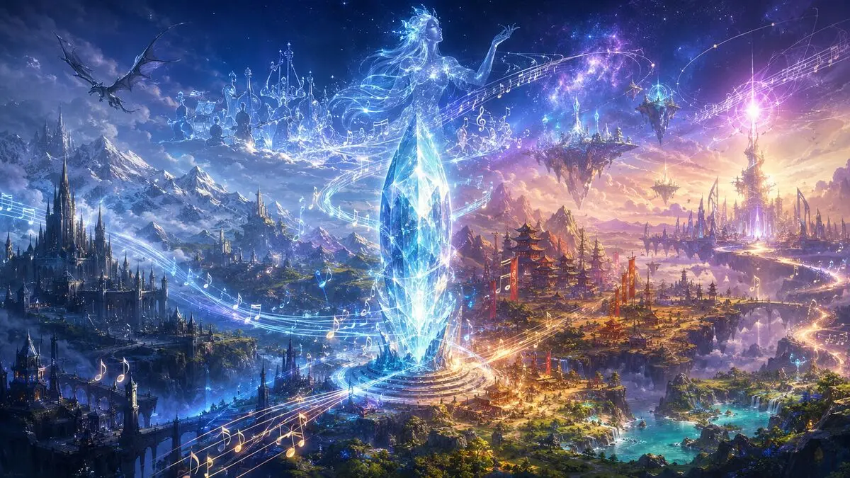 Monde fantasy inspiré d'Éorzéa avec un cristal lumineux et une énergie musicale reliant de multiples régions