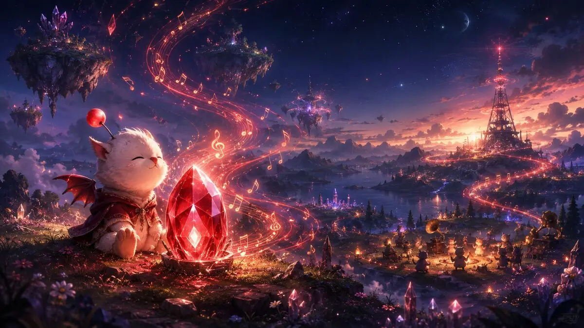 Mascotte fantasy à côté d'un cristal rouge lumineux entouré d'énergie musicale représentant la communauté Materia FM