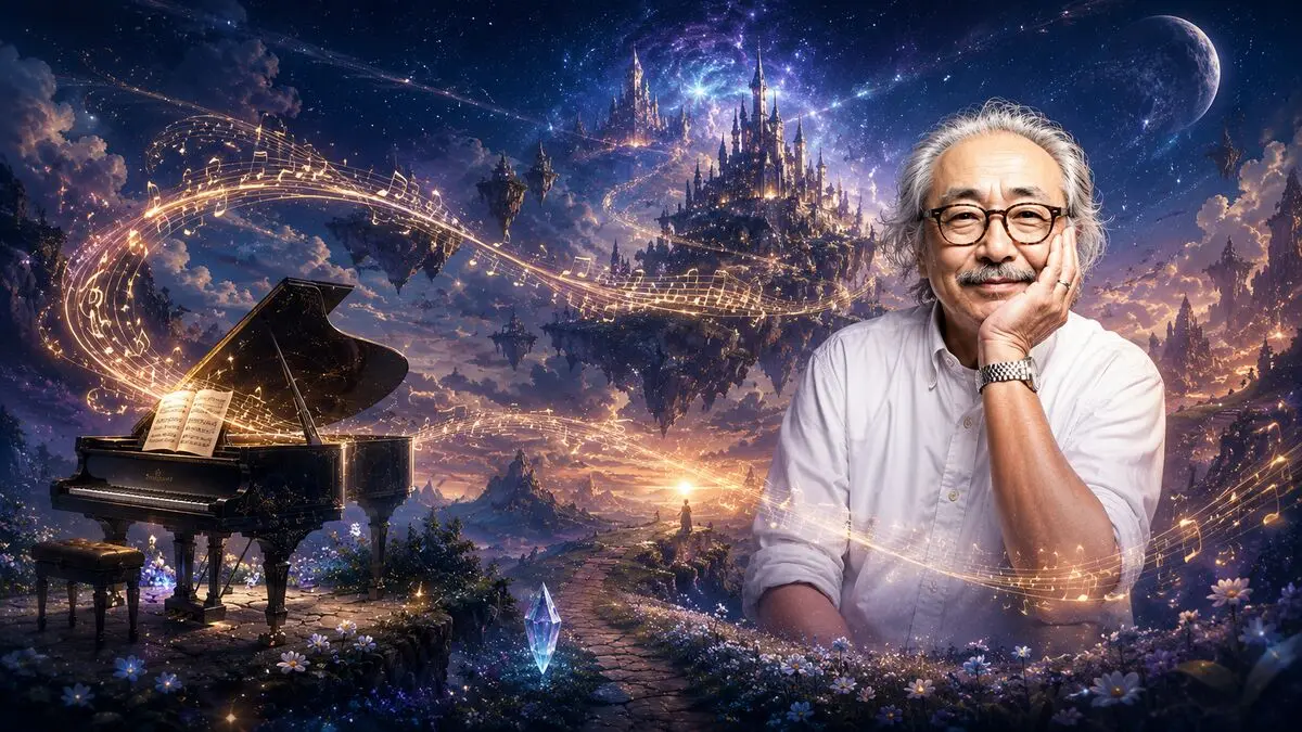 Paysage musical fantasy avec un grand piano représentant l'héritage de Nobuo Uematsu et la musique de Final Fantasy